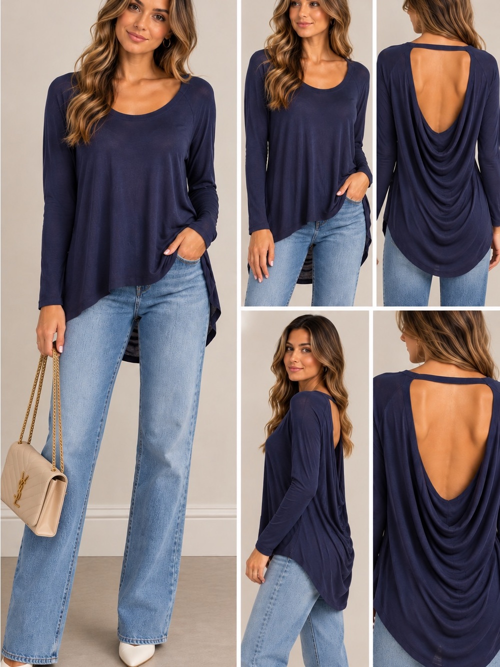 Women's Navy Drape-Back Long Sleeve Top